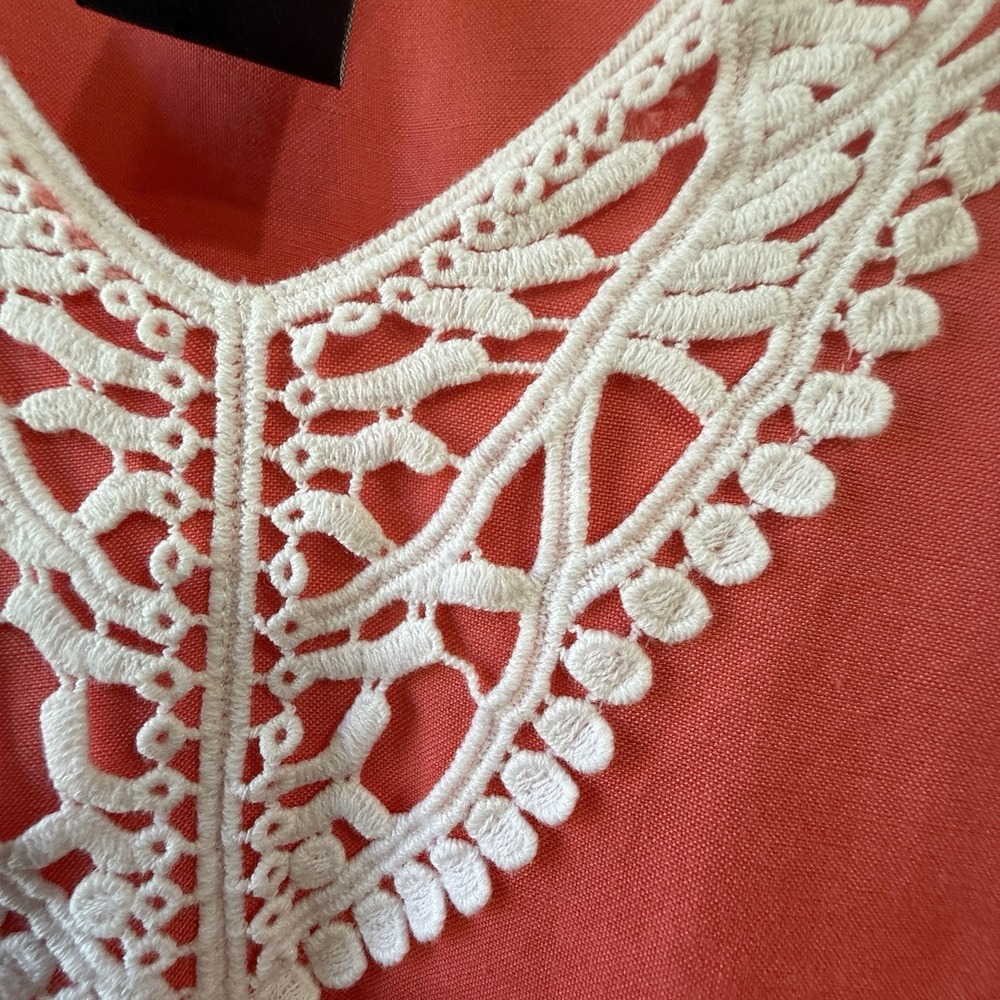 Womens Lagenlook Linen Blend Tunic Top XL Coral Embroidered Cottage Boho Baggy - Picture 8 of 11
